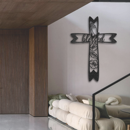 Blessed Floral Metal Fancy Cross Wall Art – Elegant Christian Home Decor