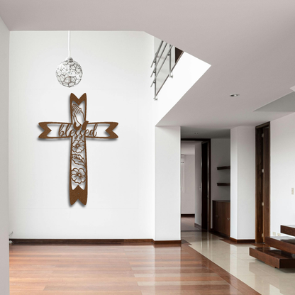 Blessed Floral Metal Fancy Cross Wall Art – Elegant Christian Home Decor