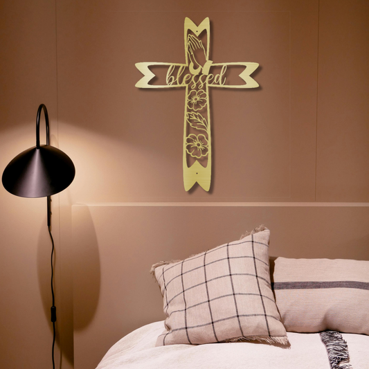 Blessed Floral Metal Fancy Cross Wall Art – Elegant Christian Home Decor