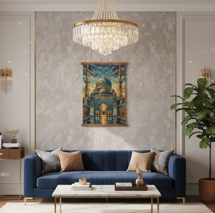 Serene Mosque - Wood Framed Tapestry with Textured Brushwork Wall Art