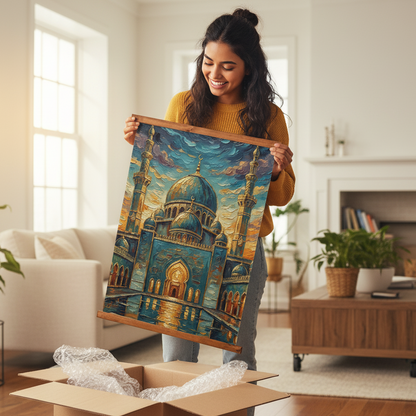 Serene Mosque - Wood Framed Tapestry with Textured Brushwork Wall Art