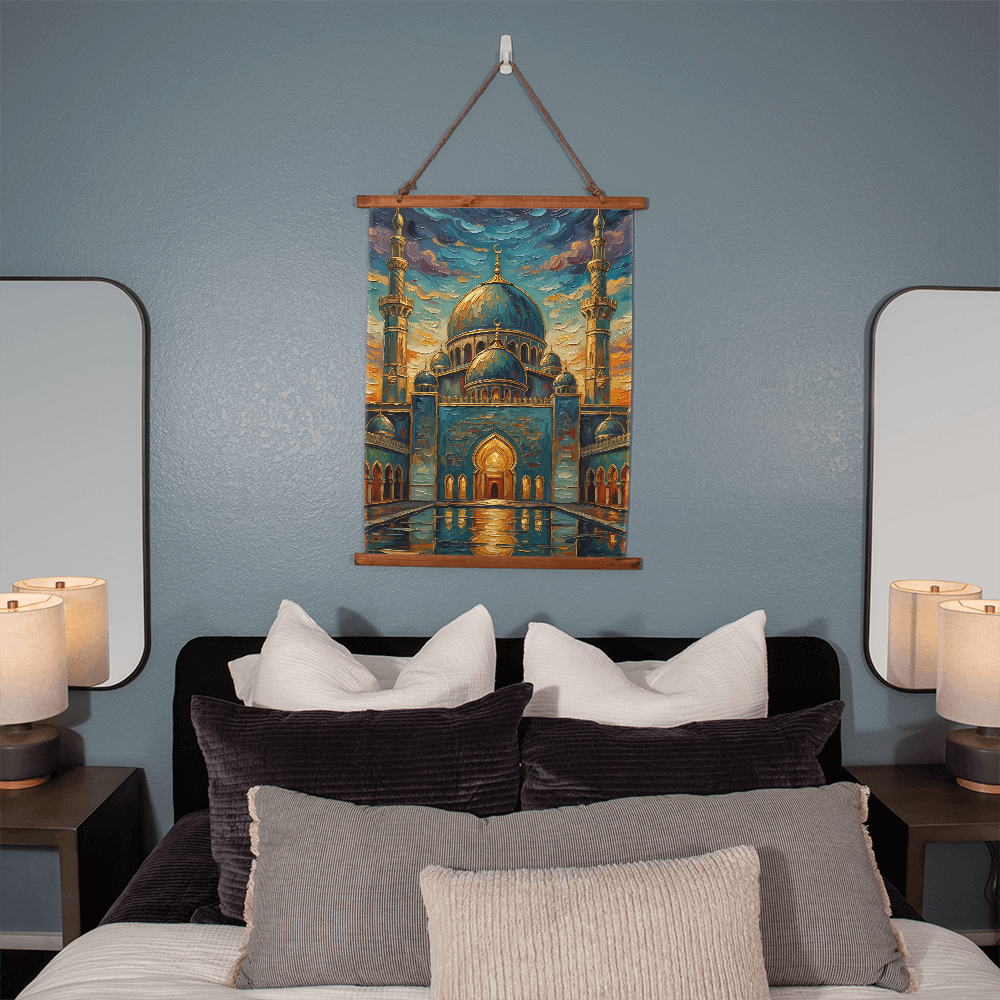 Serene Mosque - Wood Framed Tapestry with Textured Brushwork Wall Art