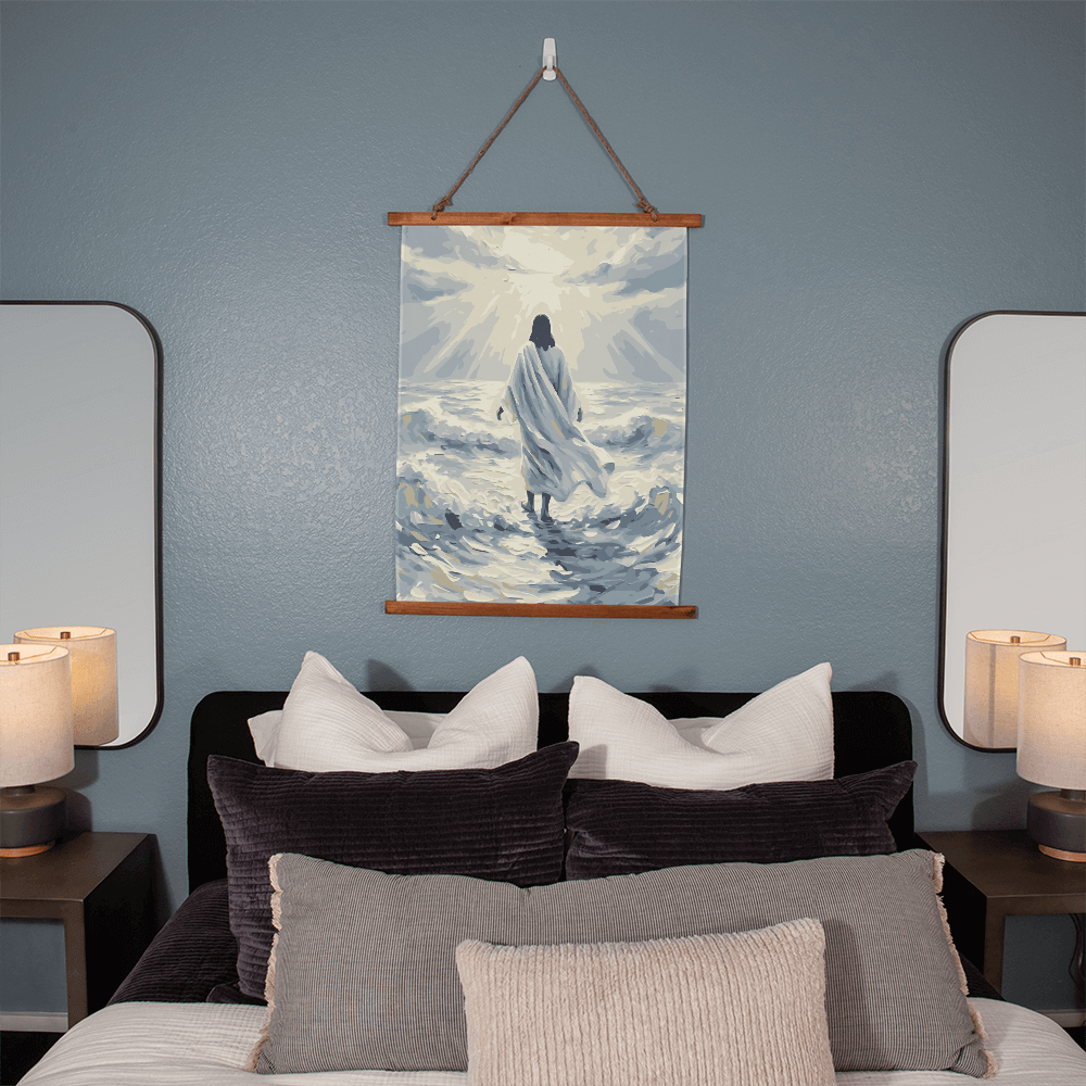 Jesus Walking on Walter Wood Framed Wall Tapestry - Home Wall Art Religious Decor